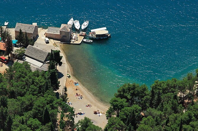 Dalmatian route - Panoramic flight over Brač, Hvar, Šolta & Split from Brač - Tvrdalj Castle from above, the Hektorović fishpool detail you cannot fake