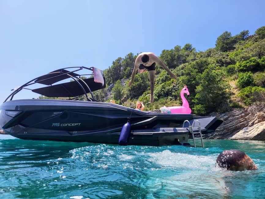 From Split: Blue Cave, Hvar, Mamma Mia, 5 Islands boat Tour - On-board comfort: shade, cushioned seats, and Bluetooth music